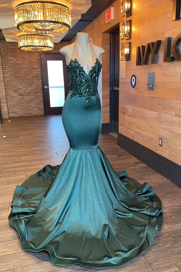 Glamorou V-Neck Sleeveless Halter Mermaid Prom Dress With Beading - Image 2
