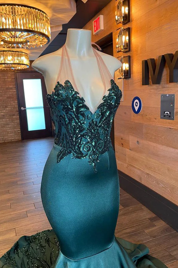 Glamorou V-Neck Sleeveless Halter Mermaid Prom Dress With Beading - Image 3