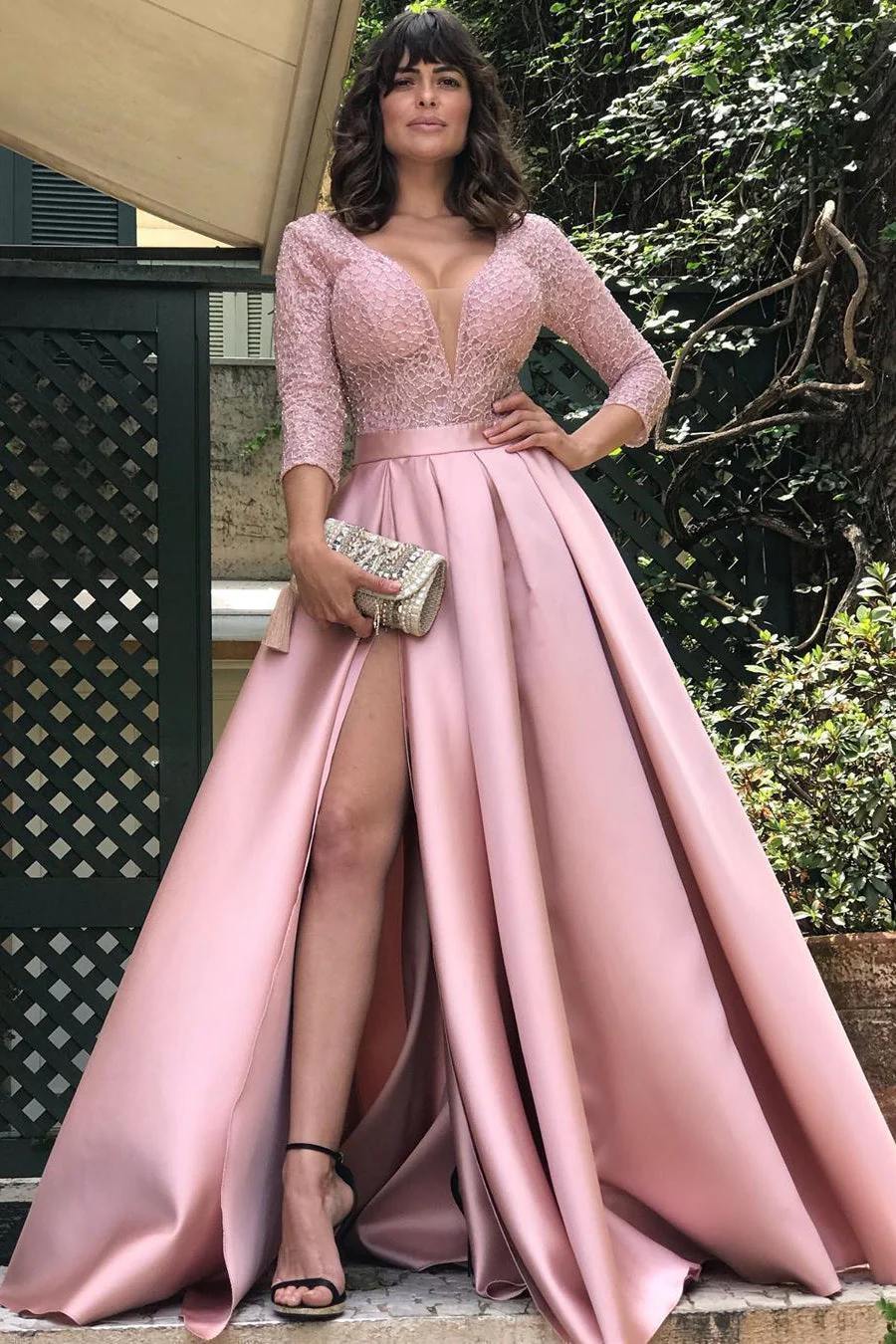 Glamorous 3/4 Sleeves Lace Prom Dress Long With Slit Online - Image 7