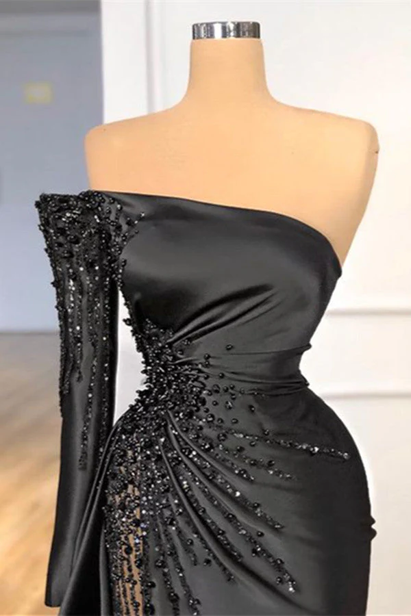 Glamorous Black Long Sleeve One Shoulder Prom Dress Beadings Evening Gowns - Image 2