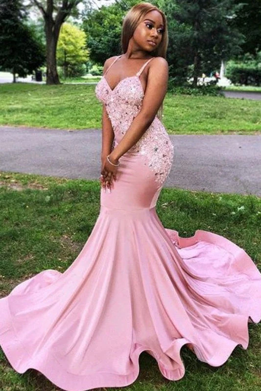 Glamorous Blushing Pink Straps Appliques Sequins Mermaid Prom Dresses - Image 2