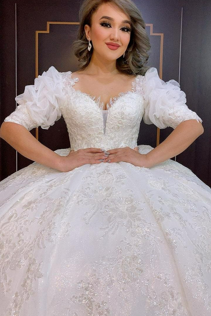 Glamorous Bubble Sleeves Vintage Ball Gown Wedding Dress With Lace Appliques - Image 3