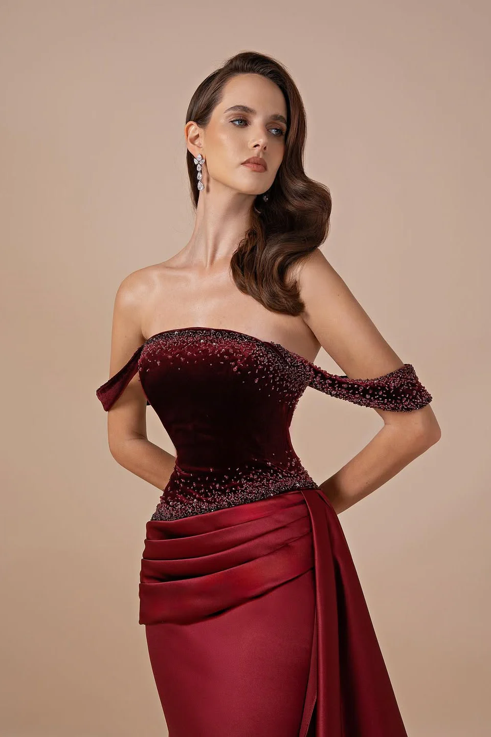 Glamorous Burgundy Off-The-Shoulder Satin Prom Dresses Mermaid Beads With Zipper Ruffles - Image 5
