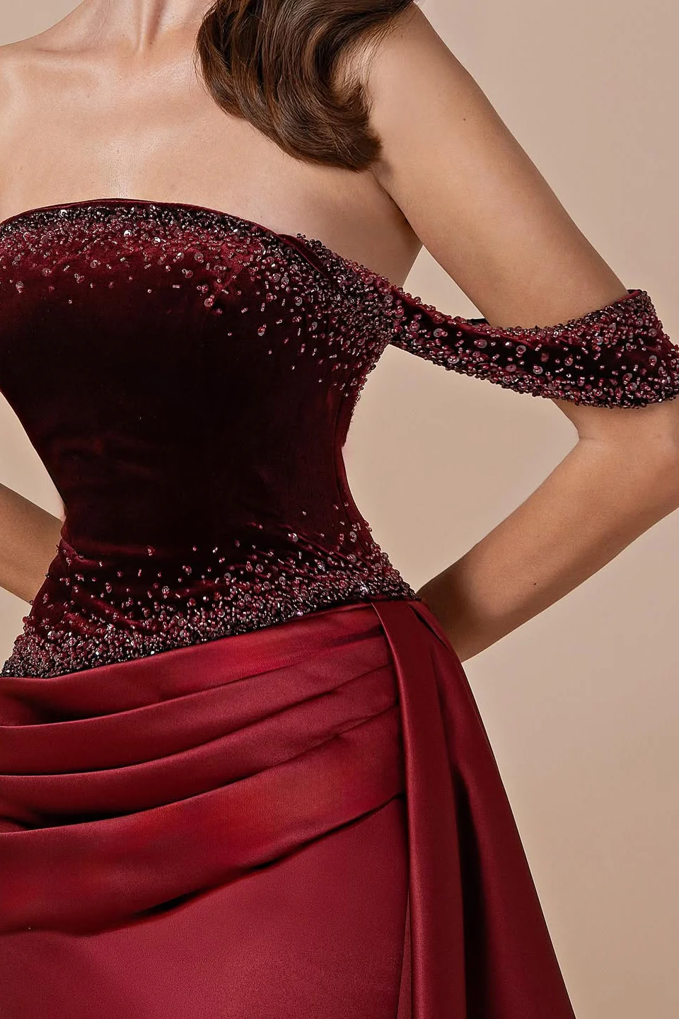 Glamorous Burgundy Off-The-Shoulder Satin Prom Dresses Mermaid Beads With Zipper Ruffles - Image 6