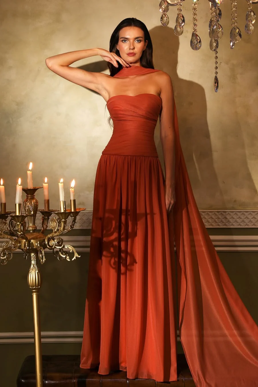 Glamorous Burnt Orange Sweetheart Strapless Sleeveless Chiffon Prom Dresses A-Line With Pleats - Image 2
