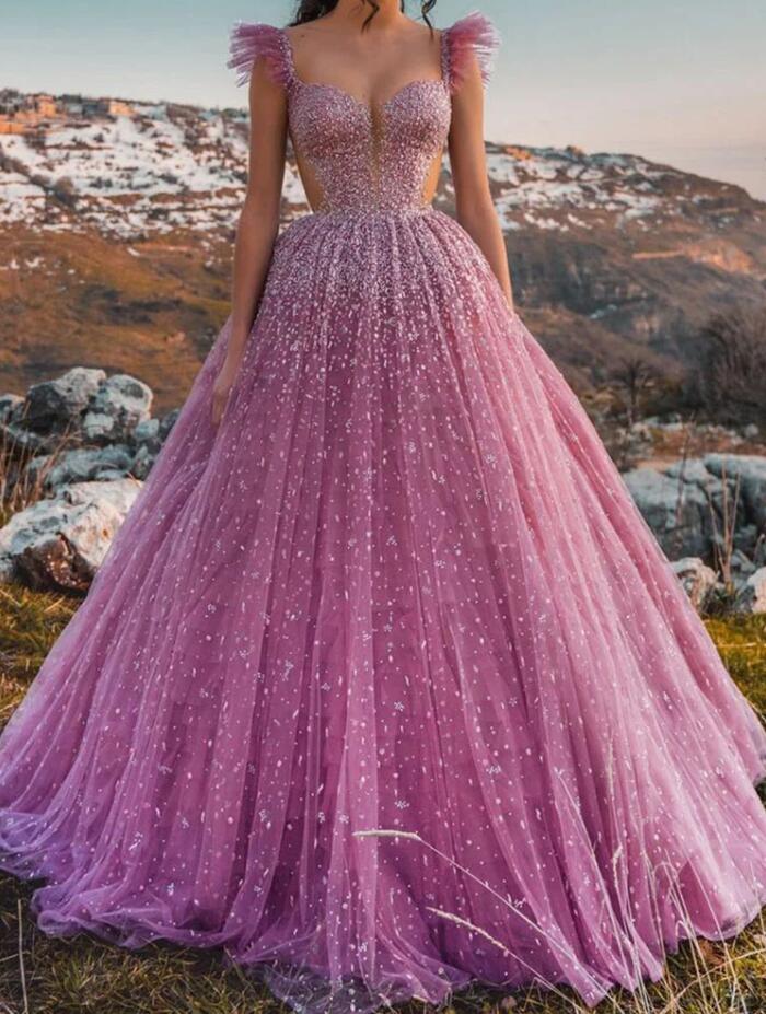 Glamorous Cap Sleeves Ball Gown Evening Dress Tulle With Appliques - Image 2