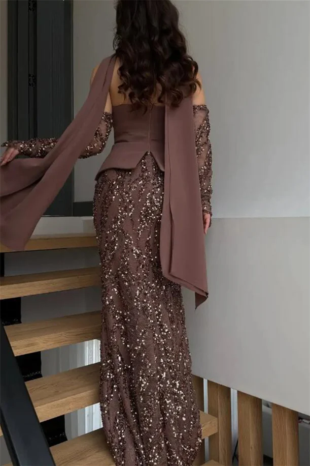 Glamorous Chocolate Strapless Sequins Mermaid Prom Dresses Sheath With Zipper Gloves - Image 2