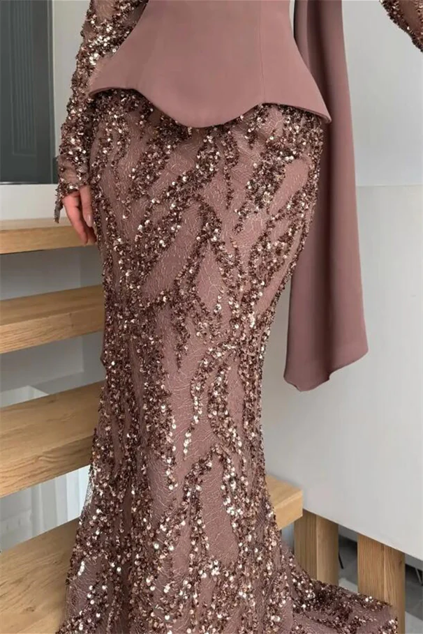Glamorous Chocolate Strapless Sequins Mermaid Prom Dresses Sheath With Zipper Gloves - Image 3