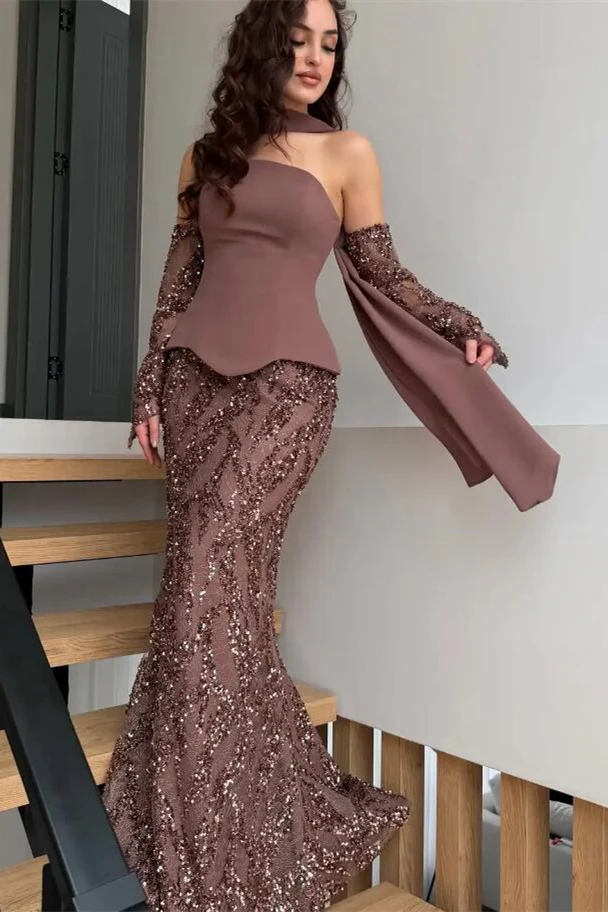 Glamorous Chocolate Strapless Sequins Mermaid Prom Dresses Sheath With Zipper Gloves - Image 4