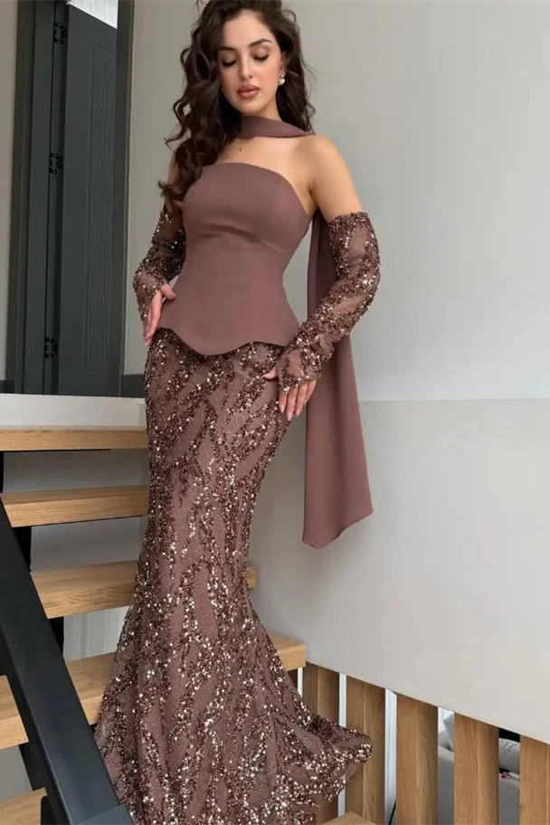 Glamorous Chocolate Strapless Sequins Mermaid Prom Dresses Sheath With Zipper Gloves - Image 5