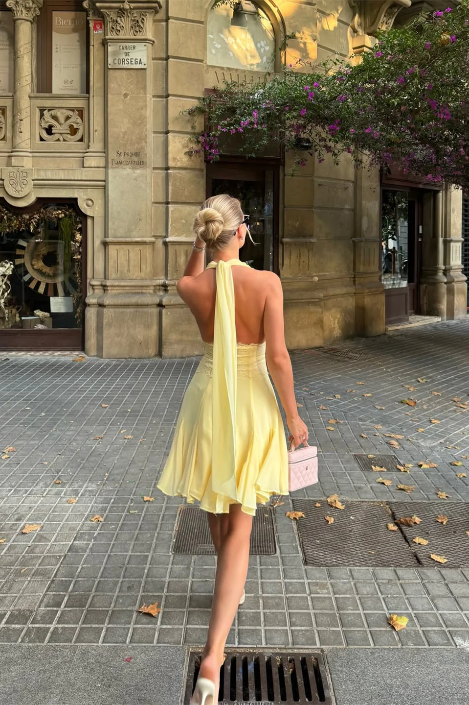 Glamorous Daffodil Halter V-Neck Chiffon Homecoming Dress Sleeveless Backless Mini A-Line With Ruffle - Image 5