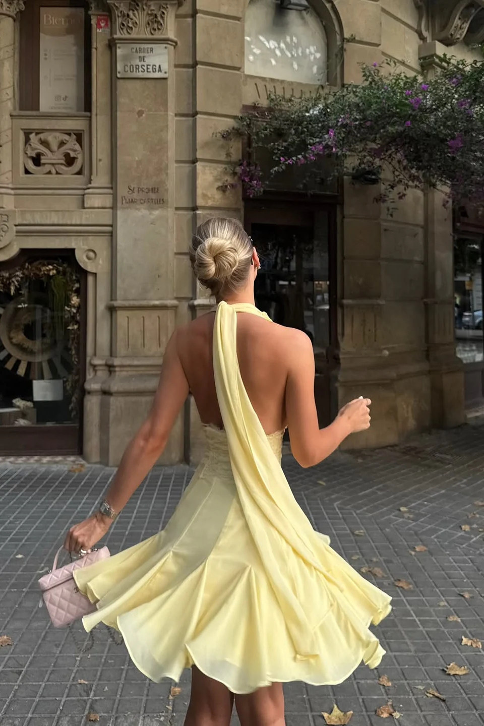 Glamorous Daffodil Halter V-Neck Chiffon Homecoming Dress Sleeveless Backless Mini A-Line With Ruffle - Image 6