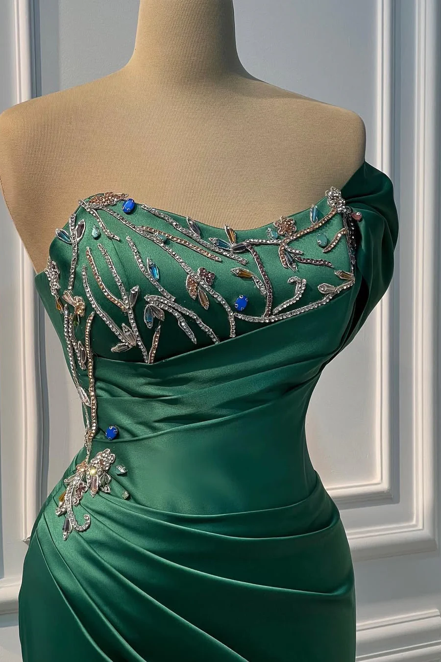 Glamorous Dark Green One Shoulder Satin Prom Dresses Mermaid Sheath With Gem - Image 2