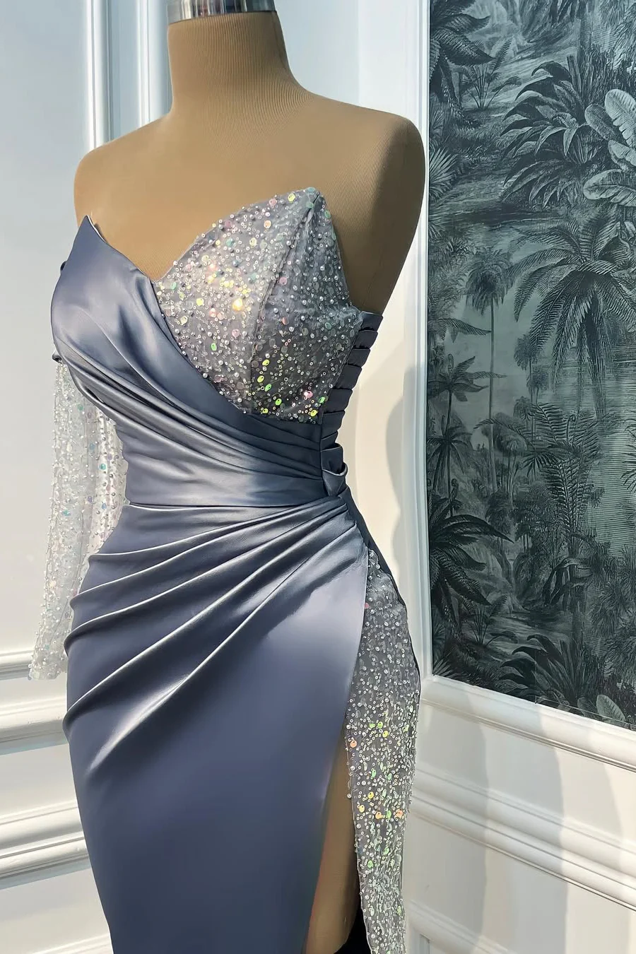 Glamorous Dusty Blue V-Neck One Shoulder Long Sleeves Satin Sequins Prom Dresses Mermaid With High Split - Image 2