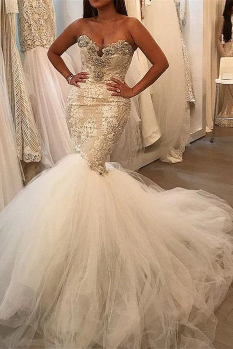 Glamorous Fit and Flare Tulle Wholesale Wedding Dresses Lace Sweetheart Crystal Bridal Gowns - Image 2