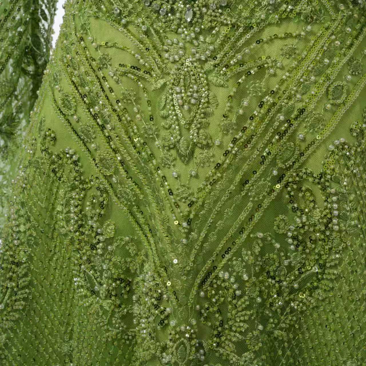 Glamorous Green V-Neck Long Sleeves A-Line Prom Dresses Long Beads With Zipper - Image 2