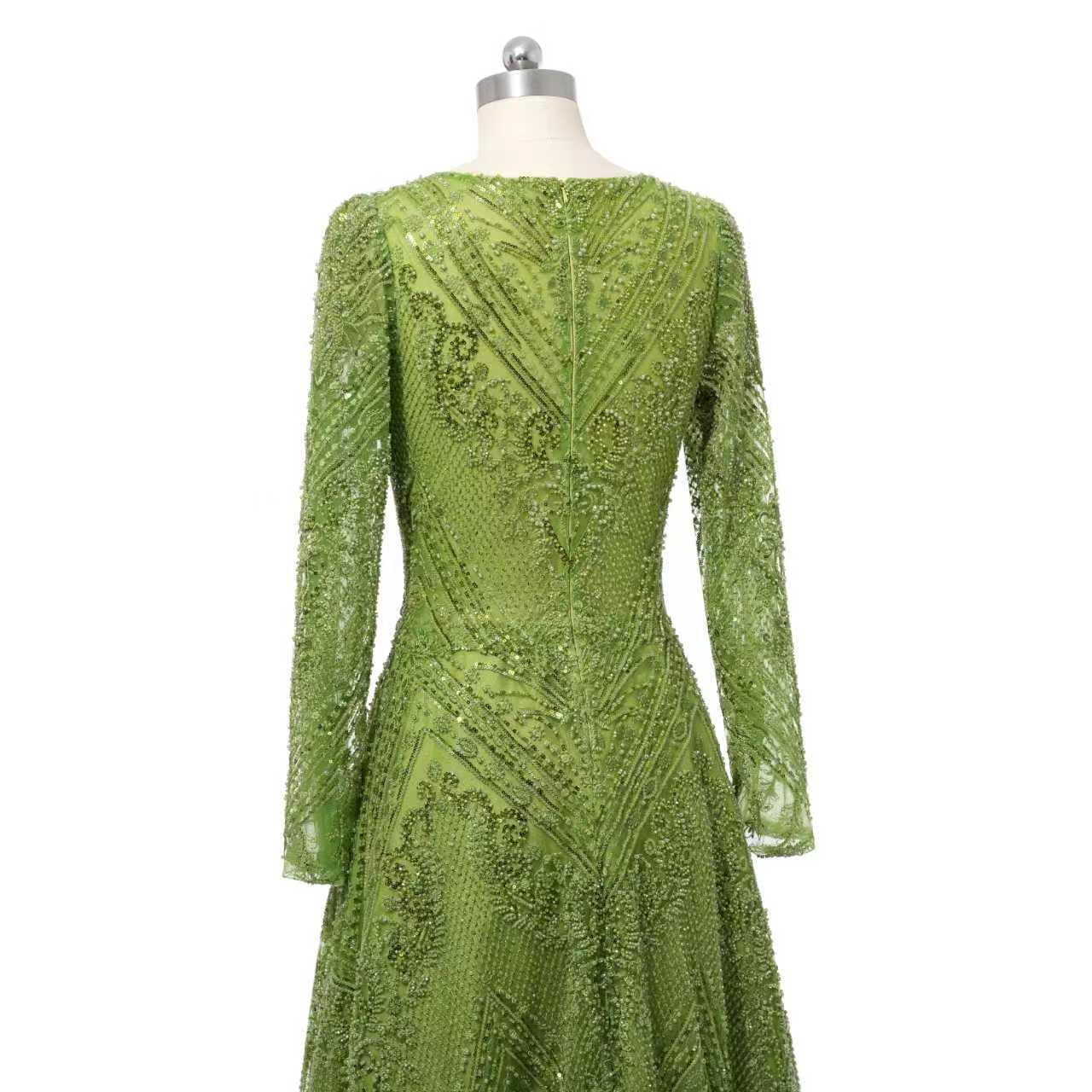 Glamorous Green V-Neck Long Sleeves A-Line Prom Dresses Long Beads With Zipper - Image 3