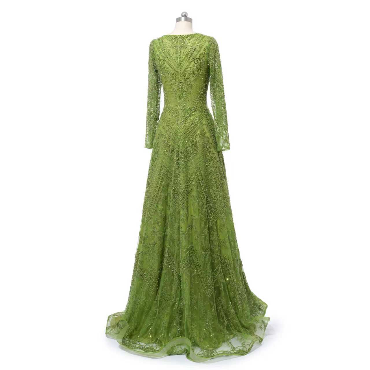 Glamorous Green V-Neck Long Sleeves A-Line Prom Dresses Long Beads With Zipper - Image 4