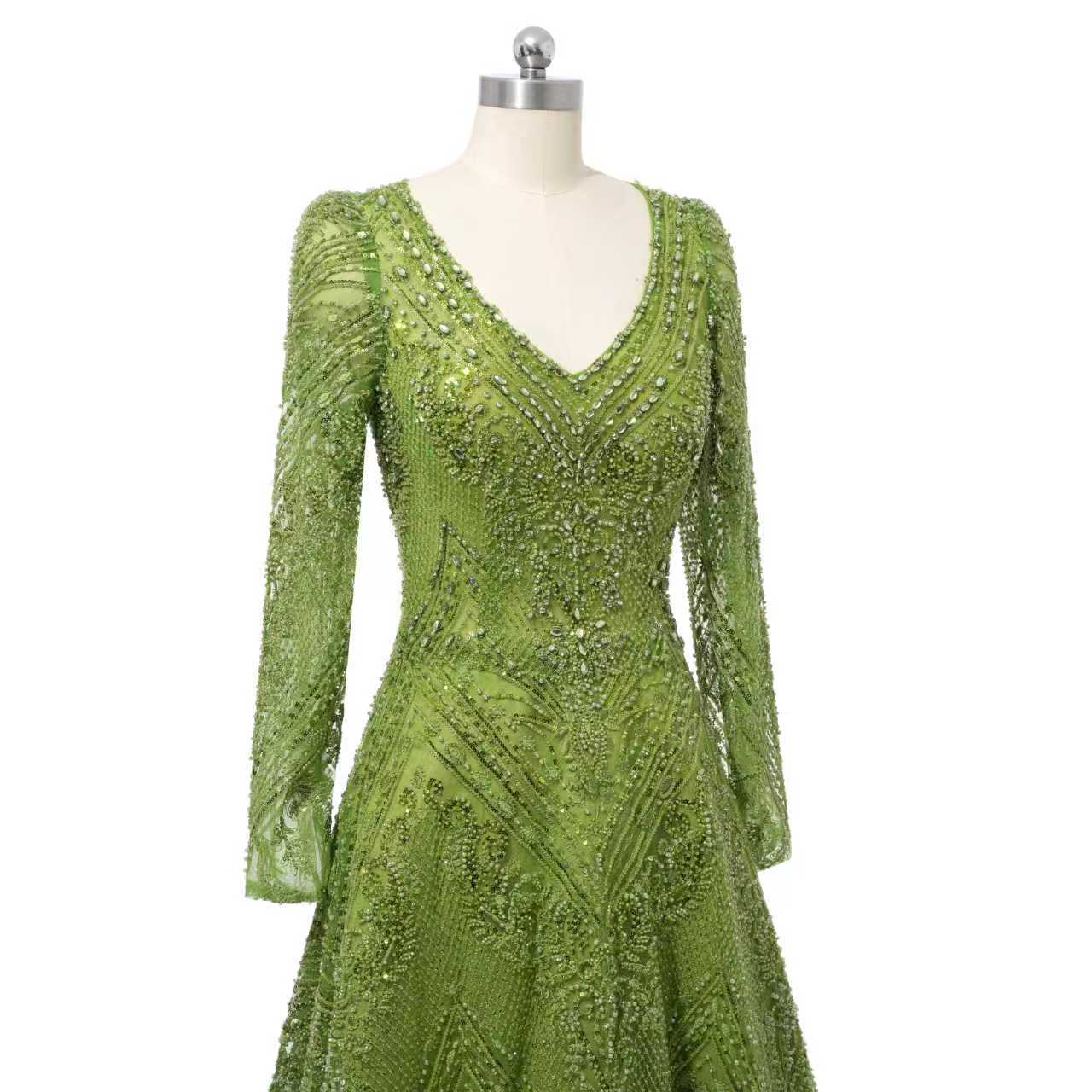 Glamorous Green V-Neck Long Sleeves A-Line Prom Dresses Long Beads With Zipper - Image 5