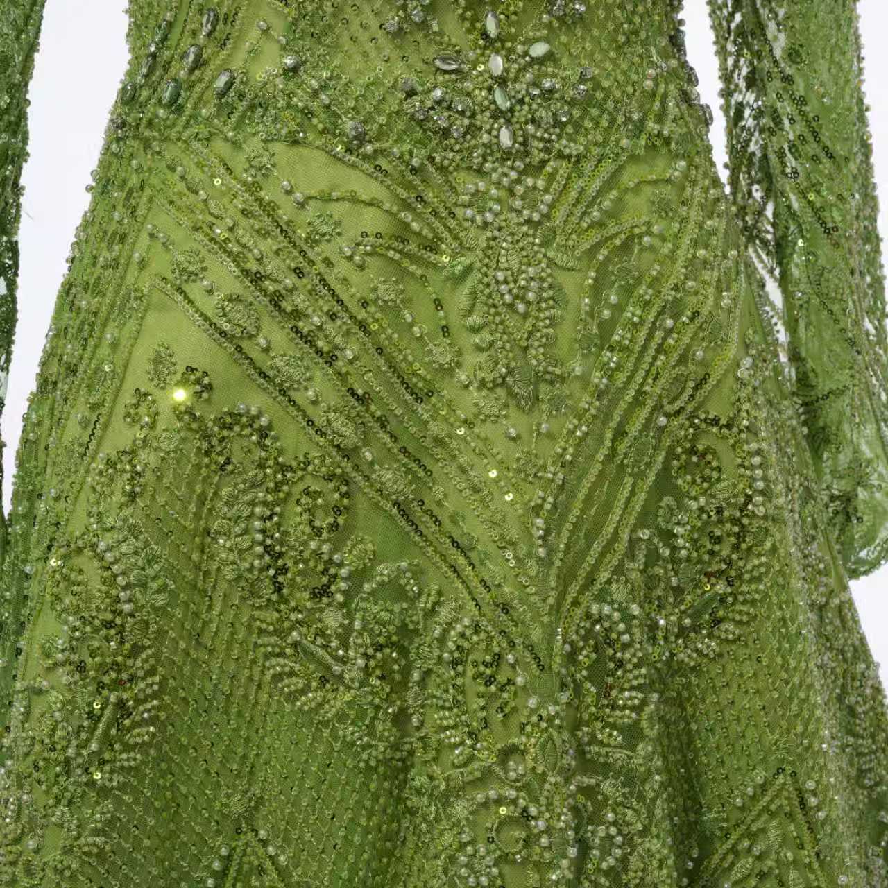 Glamorous Green V-Neck Long Sleeves A-Line Prom Dresses Long Beads With Zipper - Image 6