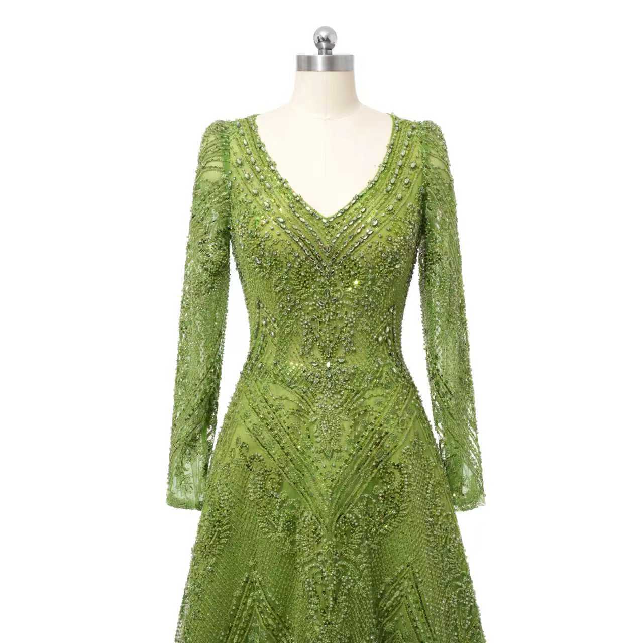 Glamorous Green V-Neck Long Sleeves A-Line Prom Dresses Long Beads With Zipper - Image 7