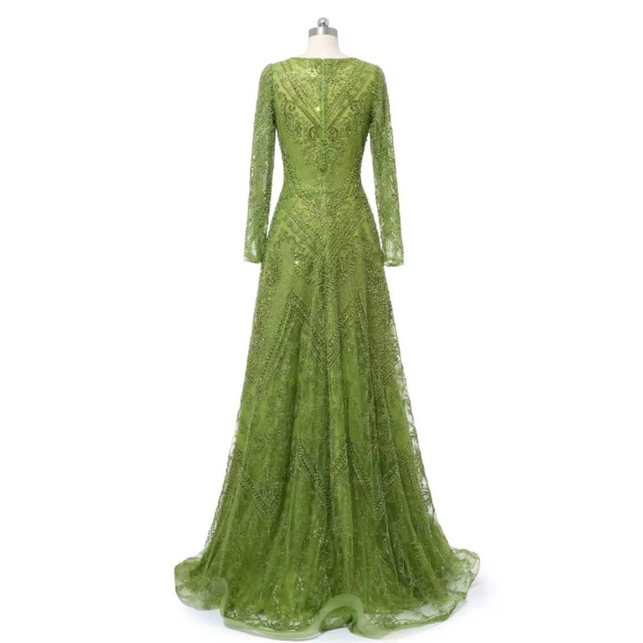 Glamorous Green V-Neck Long Sleeves A-Line Prom Dresses Long Beads With Zipper - Image 8