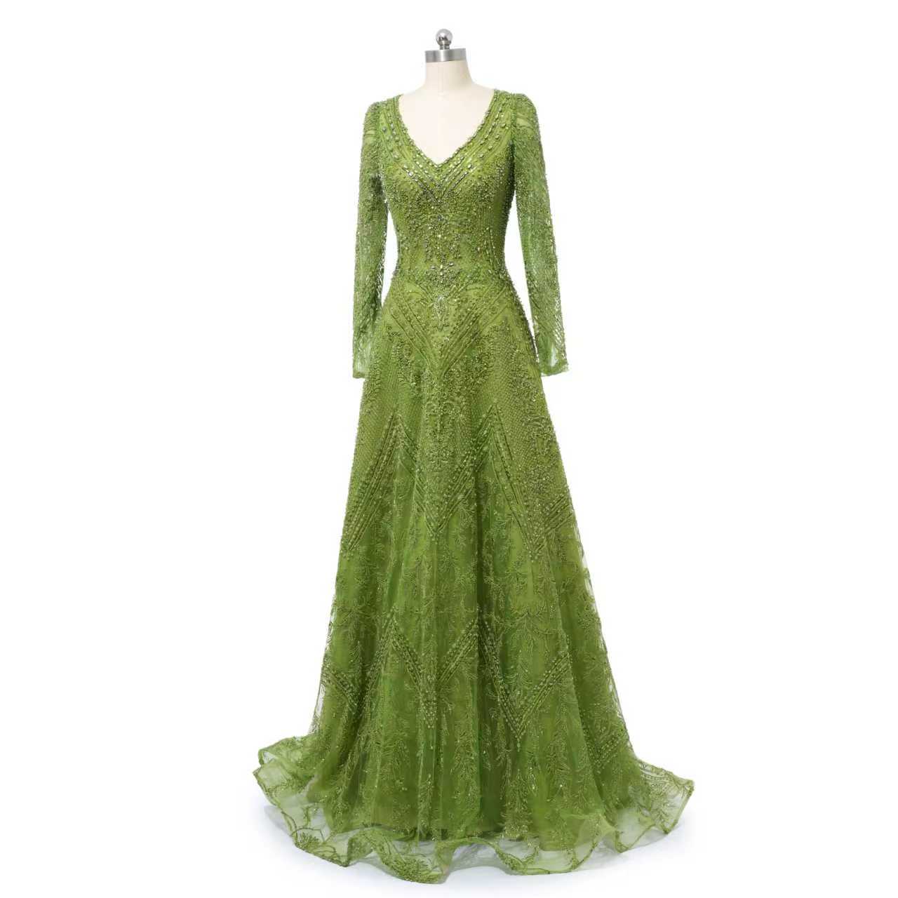 Glamorous Green V-Neck Long Sleeves A-Line Prom Dresses Long Beads With Zipper - Image 9