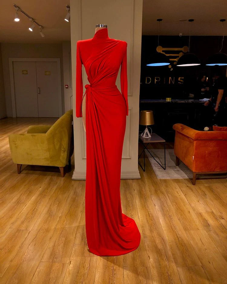 Glamorous High Neck Long Sleeve Red Prom Dress Long With Split - Image 2