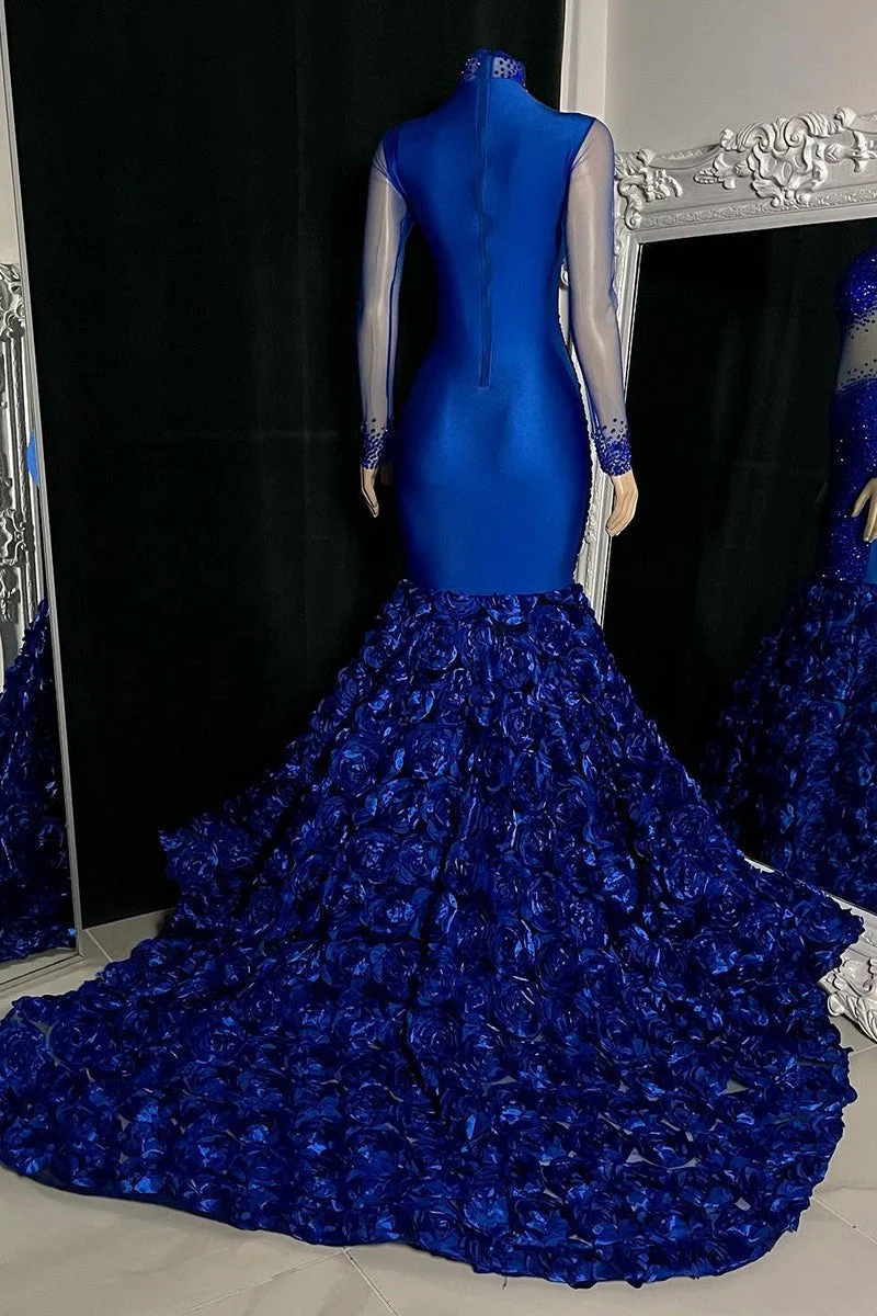 Glamorous High Neck Long Sleeves Prom Dresses Mermaid Flowers Bottom With Beads - Image 2