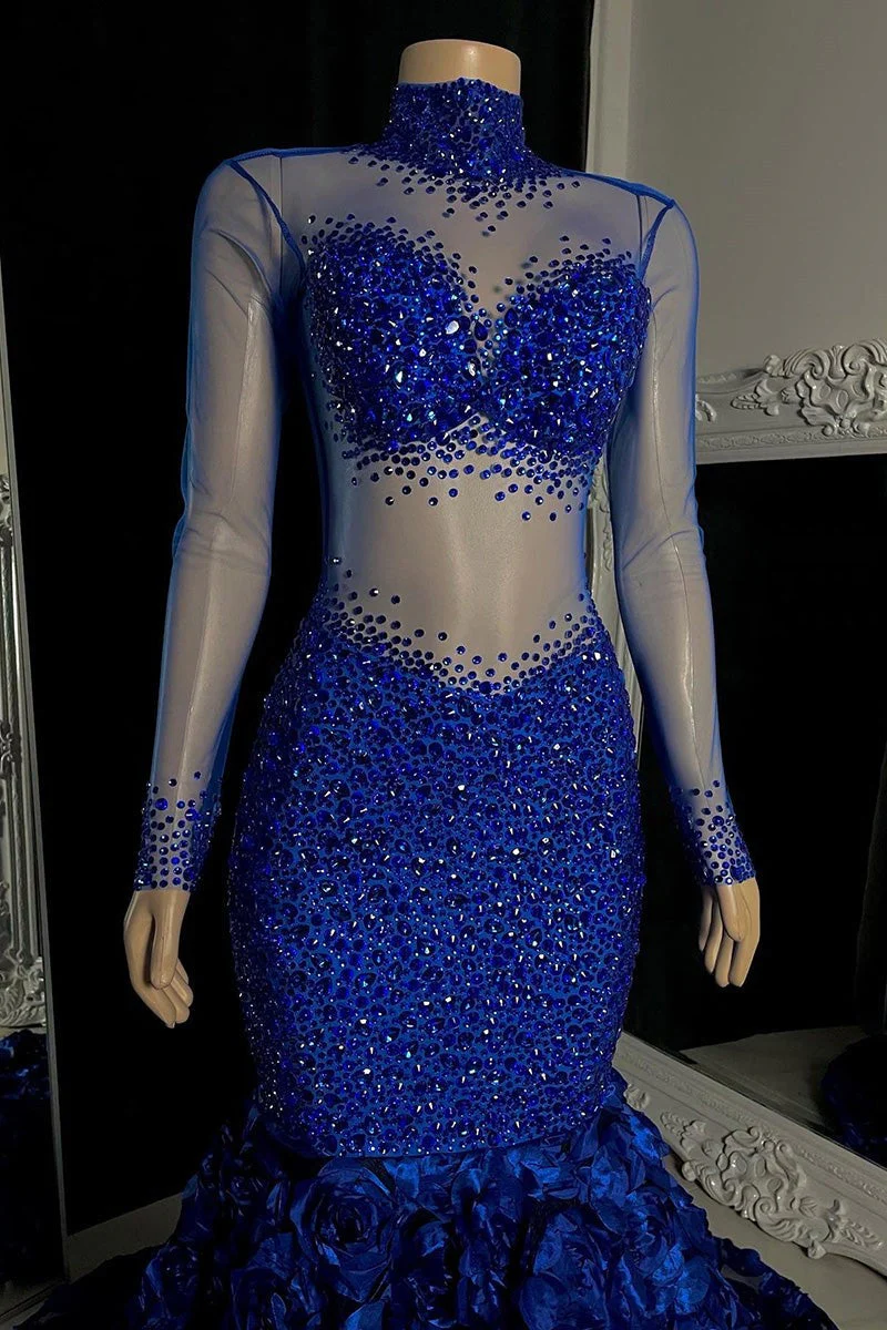 Glamorous High Neck Long Sleeves Prom Dresses Mermaid Flowers Bottom With Beads - Image 3