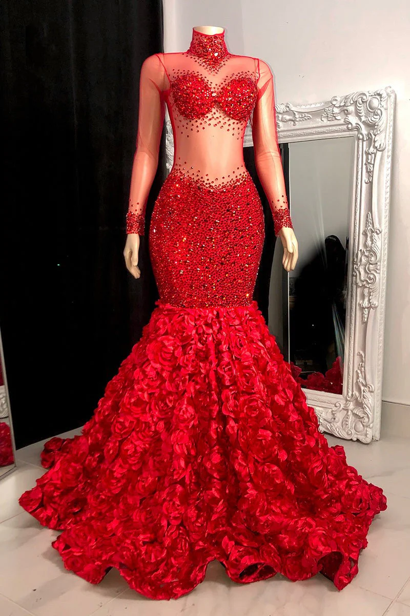 Glamorous High Neck Long Sleeves Prom Dresses Mermaid Flowers Bottom With Beads - Image 4