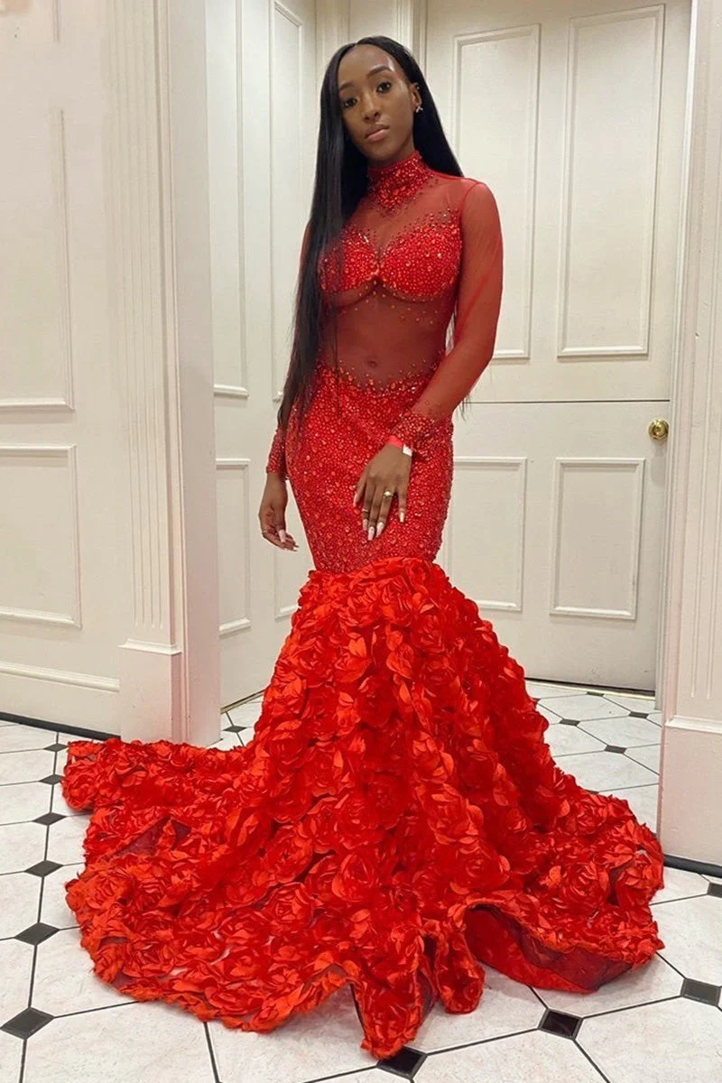 Glamorous High Neck Long Sleeves Prom Dresses Mermaid Flowers Bottom With Beads - Image 5
