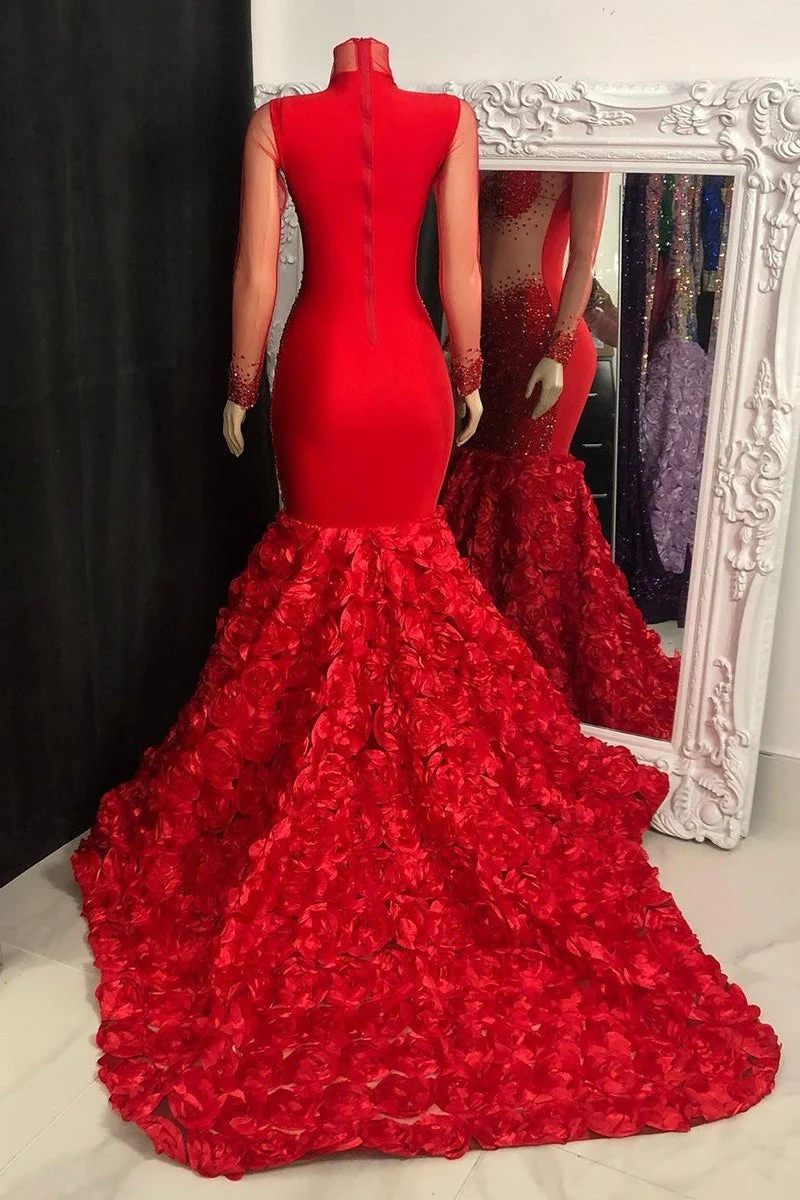Glamorous High Neck Long Sleeves Prom Dresses Mermaid Flowers Bottom With Beads - Image 6