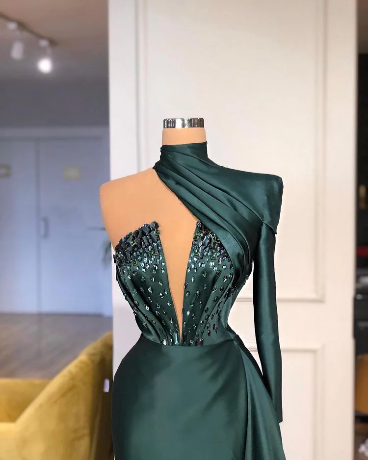 Glamorous High Neck One Shoulder Long Sleeve Mermaid Evening Gowns With Crystals - Image 2