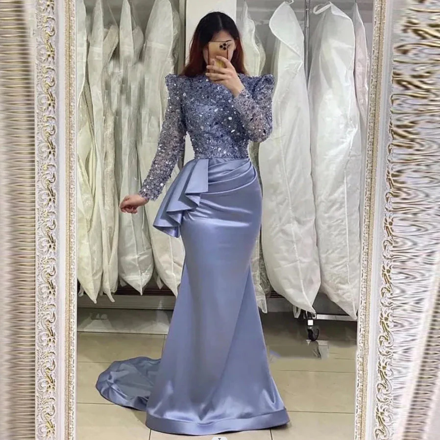 Charming Lavender Long Mermaid High Neck Beading Prom Dresses With Long Sleeves - Image 2