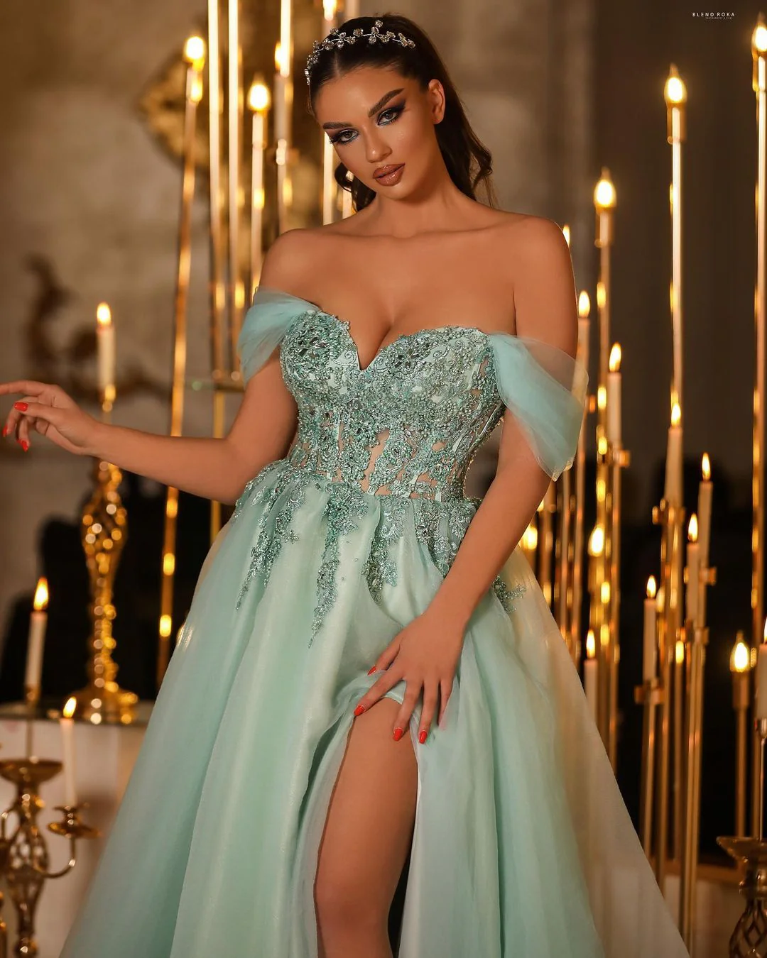 Charming Long Off-the-Shoulder Lace Beading Prom Dresses Long Slit Online - Image 2