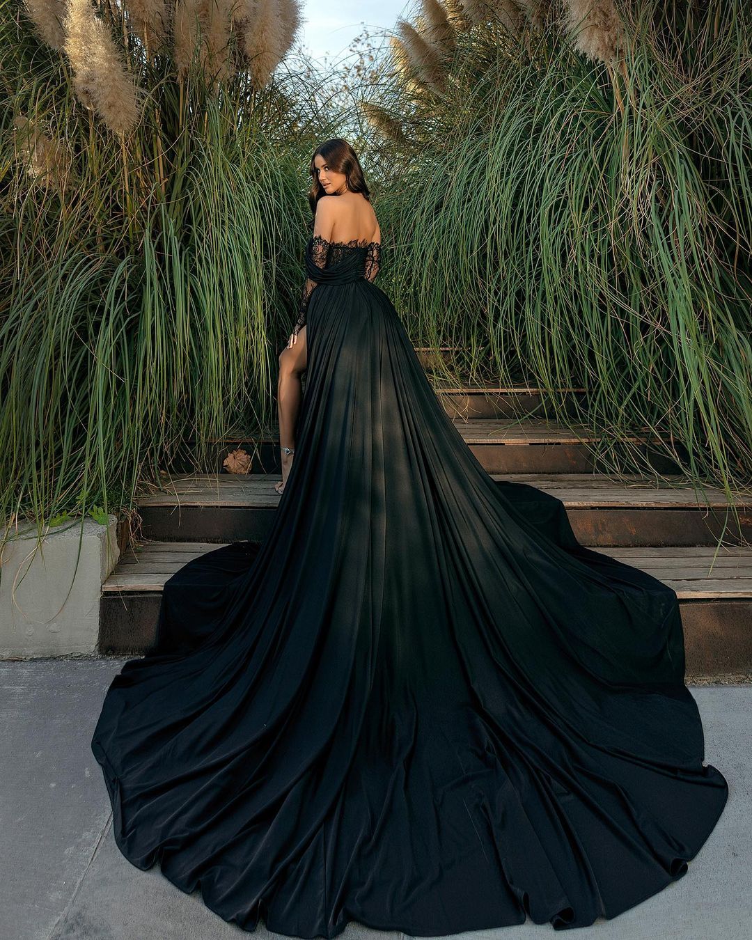 Gorgeous Black Prom Dress Off-the-Shoulder Holiday Dress Lace With Slit - Image 2