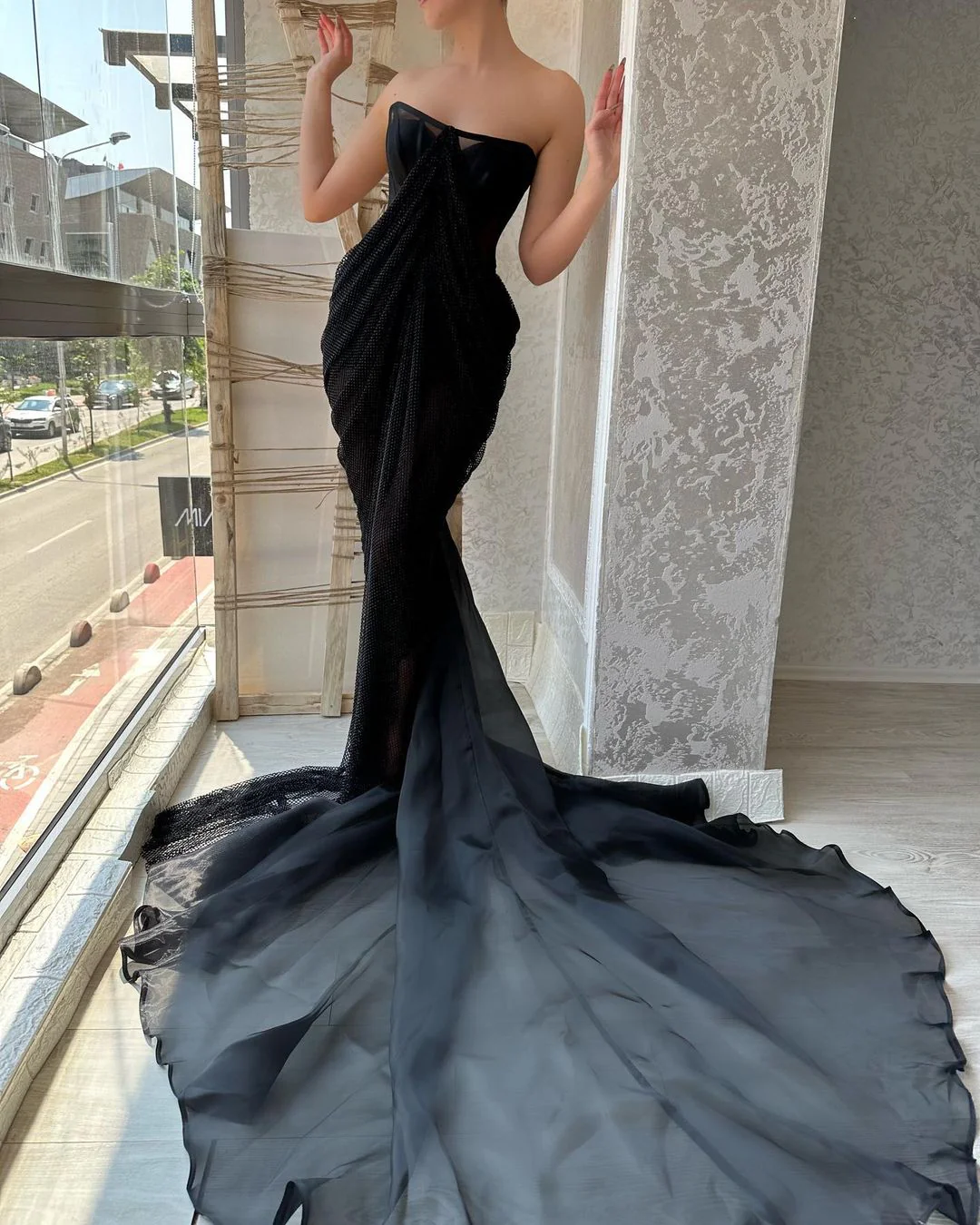 Charming Long Black Strapless Front Split Long Prom Dresses - Image 2