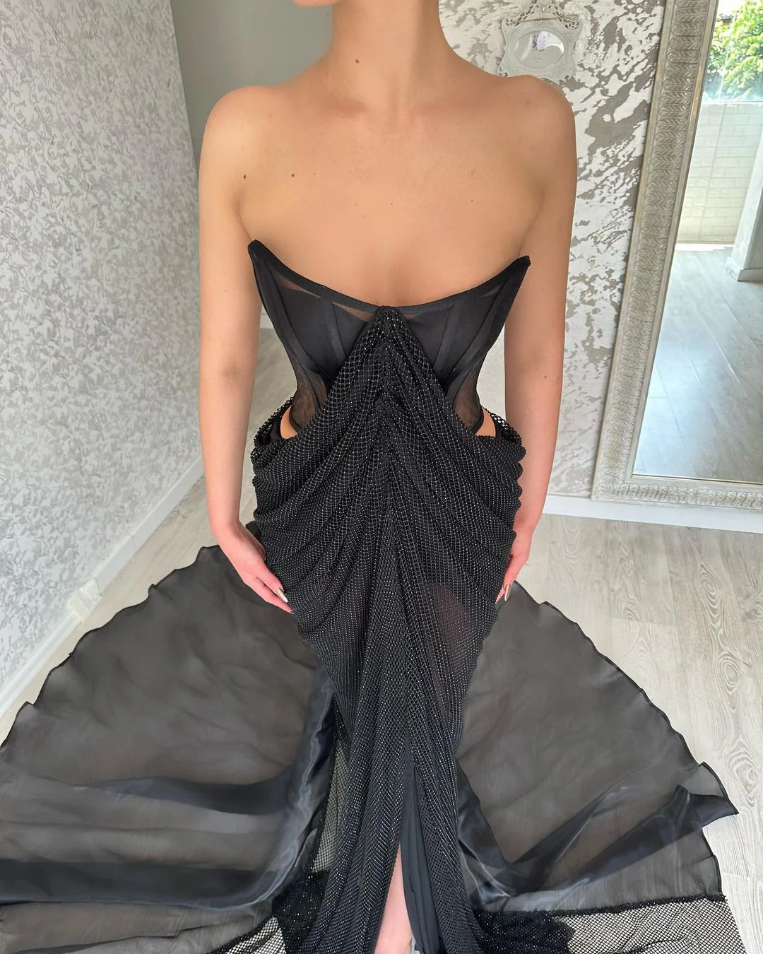 Charming Long Black Strapless Front Split Long Prom Dresses - Image 3