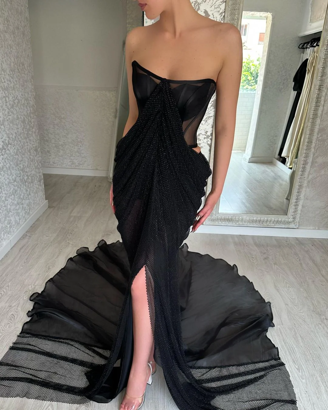 Charming Long Black Strapless Front Split Long Prom Dresses - Image 4