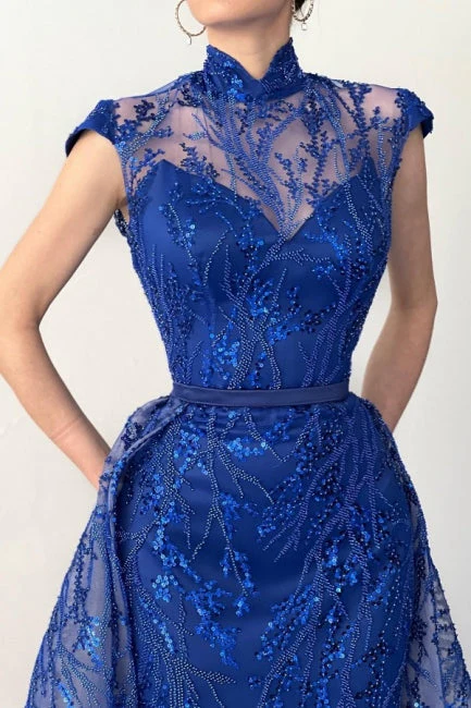 Charming Long Royal Blue High Neck Lace Sleeveless Prom Dresses With Detachable Train - Image 2