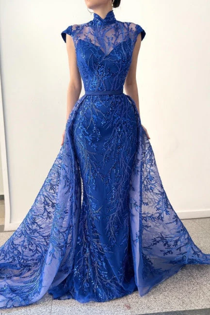 Charming Long Royal Blue High Neck Lace Sleeveless Prom Dresses With Detachable Train - Image 3