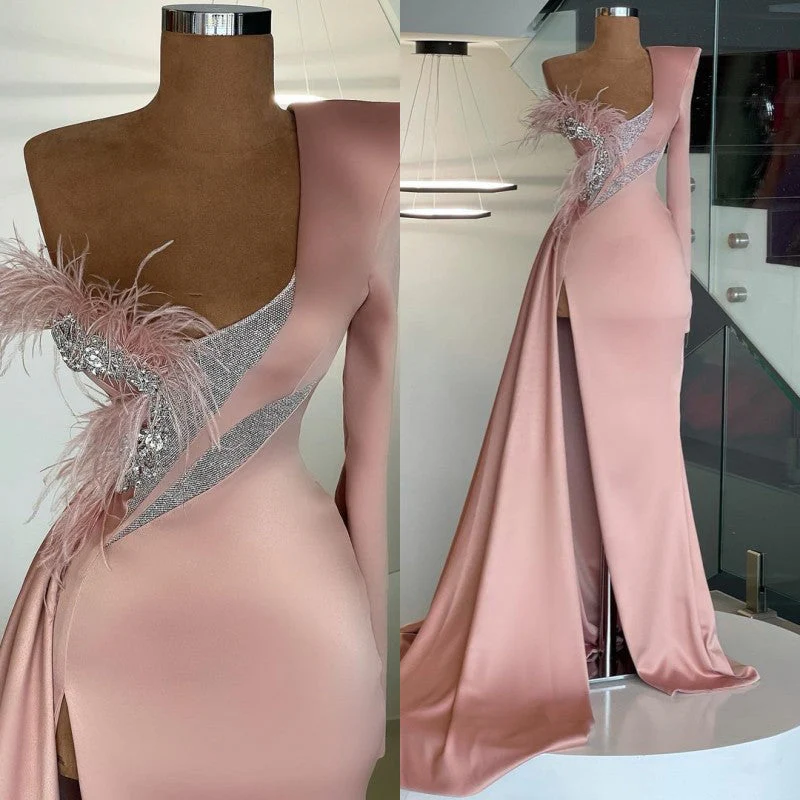 Glamorous Long Sleeve One Shoulder Mermaid Prom Dress Long With Slit - Image 3