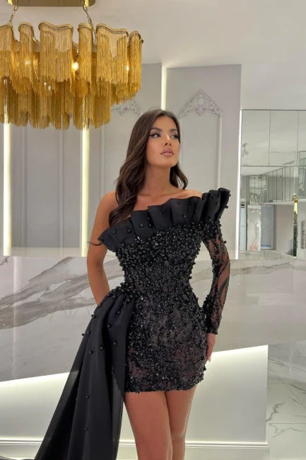 Modern Long Sleeves Strapless Column Evening Dress With Ruffles - Image 2