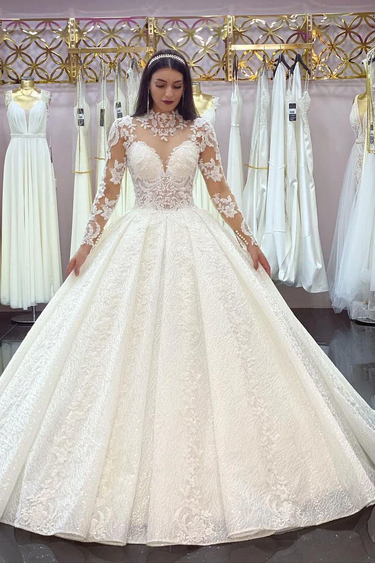 Glamorous Long Sleeves Lace Princess Wedding Dress Ball Gown High Neck - Image 2