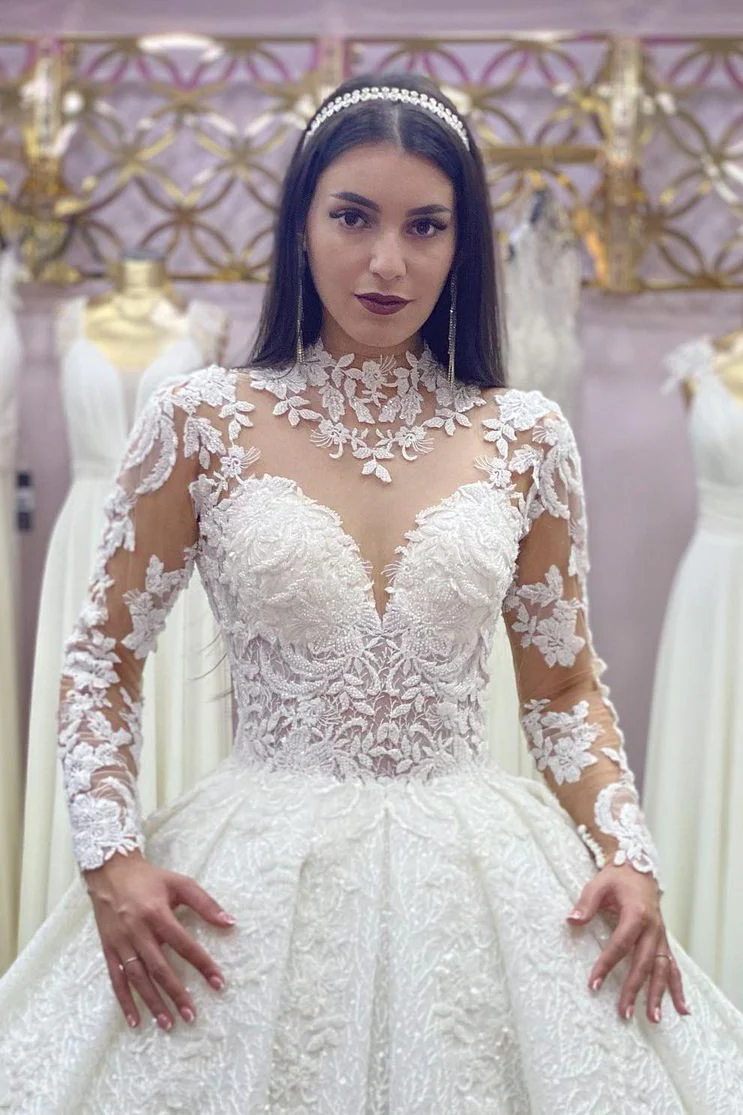 Glamorous Long Sleeves Lace Princess Wedding Dress Ball Gown High Neck - Image 3