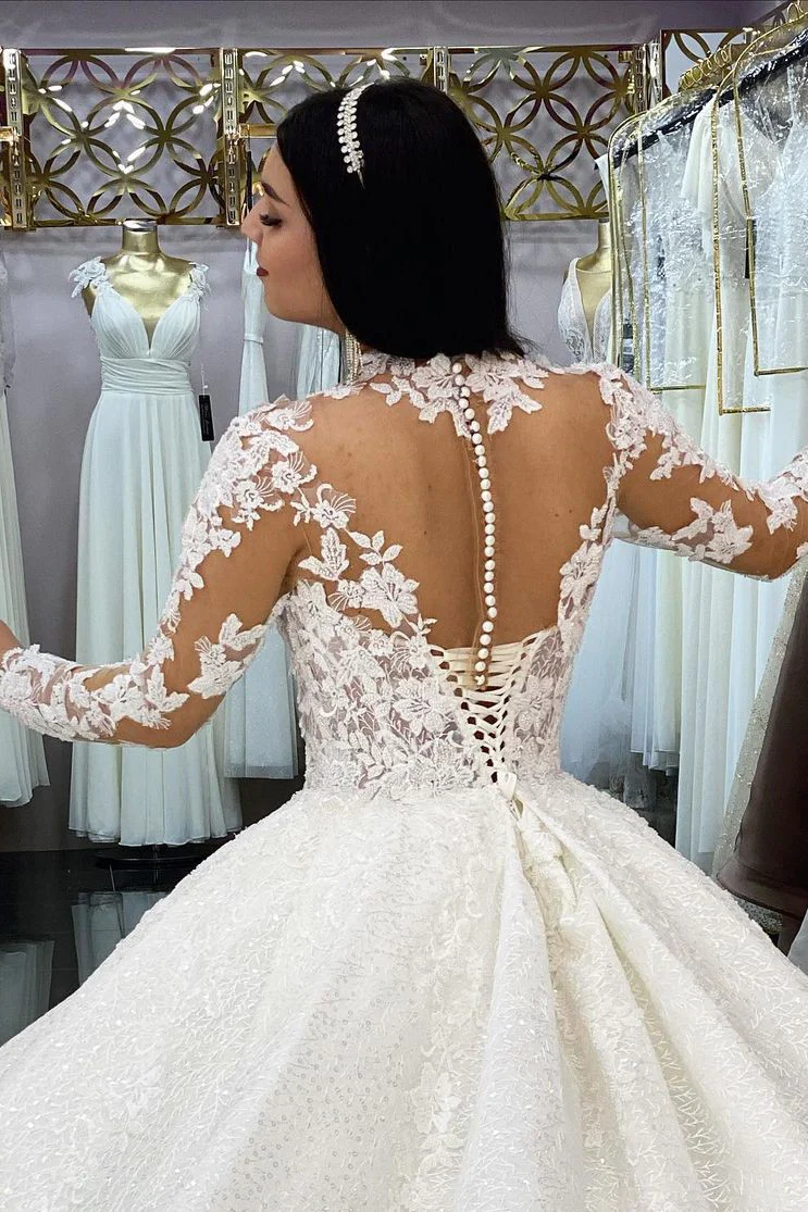 Glamorous Long Sleeves Lace Princess Wedding Dress Ball Gown High Neck - Image 4