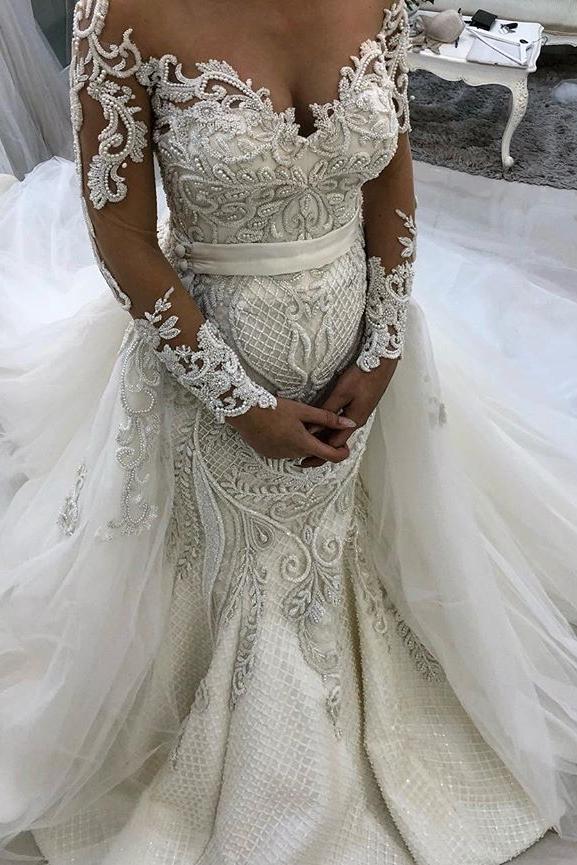 Glamorous Long Sleeves Lace Tulle Wedding Dresses New Arrival Ruffless Mermaid Bridal Gowns - Image 2