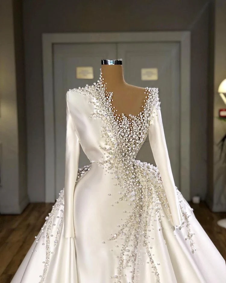 Glamorous Long Sleeves Pearls Wedding Dresses Mermaid With Detachable Train - Image 2