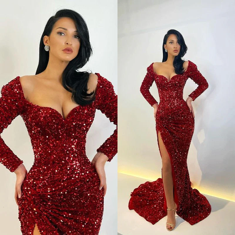 Glamorous Long Sleeves Sequins Mermaid Evening Gowns Split Prom Dresses - Image 7